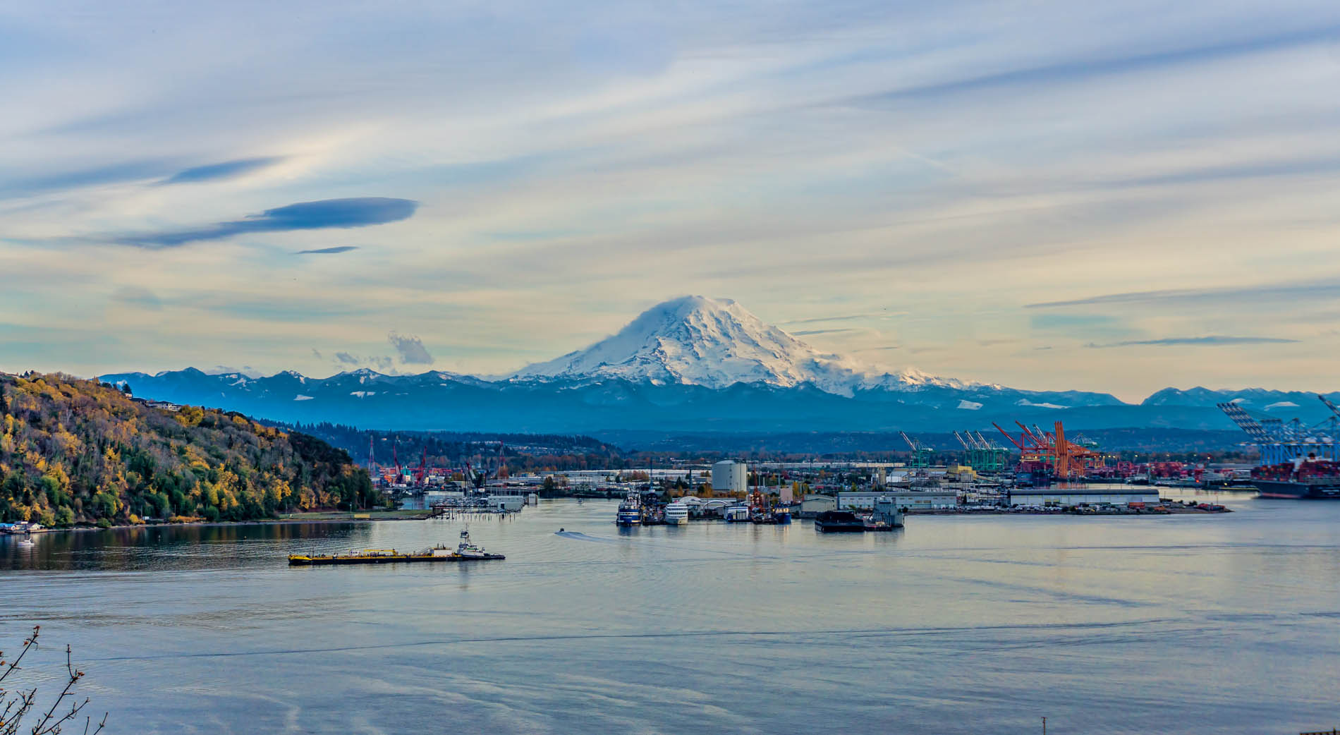 The Port of Tacoma and Mount Rainier in Washington State.